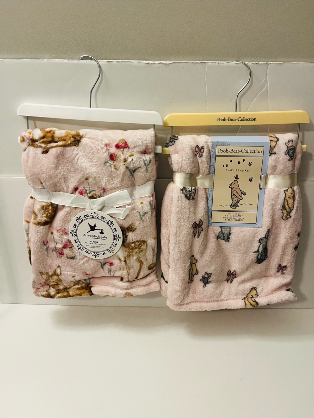 Winnie the Pooh Bear & Adirondack Baby by Berkshire Lot of 2 Pink Baby Blankets